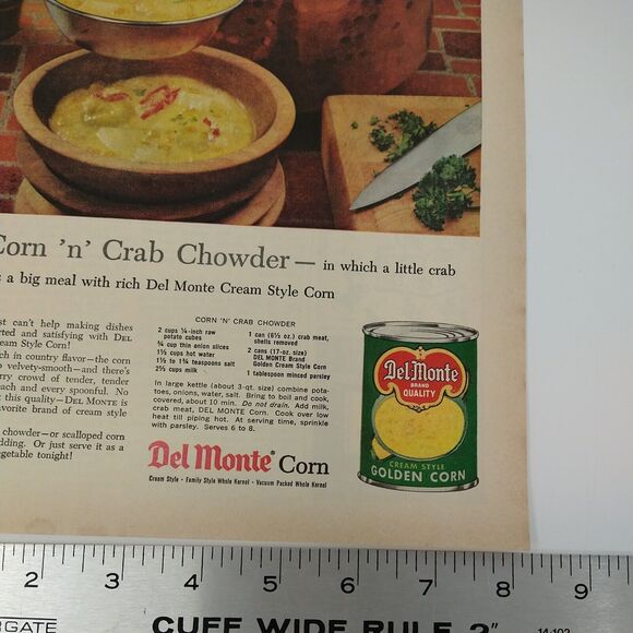 1958 Del Monte Corn Ad Crab Chowder Bronze Pot Wood Bowl Recipe MCM Print Ad - Picture 7 of 8